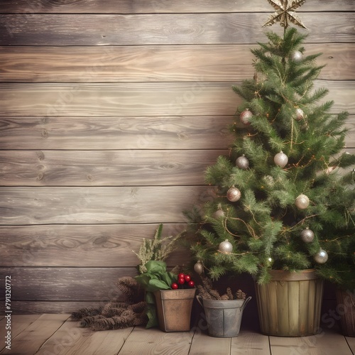 Kerstboom met cadeautjes voor houten muur 3D-rendering
 photo