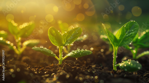 Young Seedlings Growing in Soil with Sunlight and Sparkles