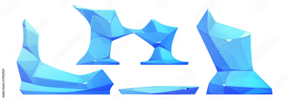 Obraz premium Iceberg pieces set isolated on white background. Vector cartoon illustration of abstract shape blue ice blocks and arch, antarctic landscape design elements, mountain gracier, river floe fragments