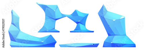 Iceberg pieces set isolated on white background. Vector cartoon illustration of abstract shape blue ice blocks and arch, antarctic landscape design elements, mountain gracier, river floe fragments © klyaksun