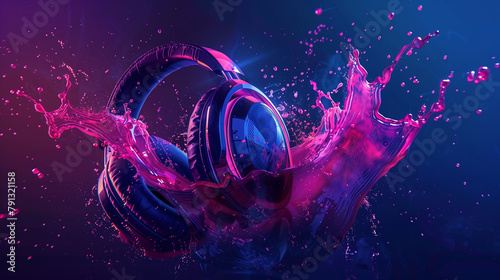 Headphones Splashing in Pink Liquid Soundwave Concept photo