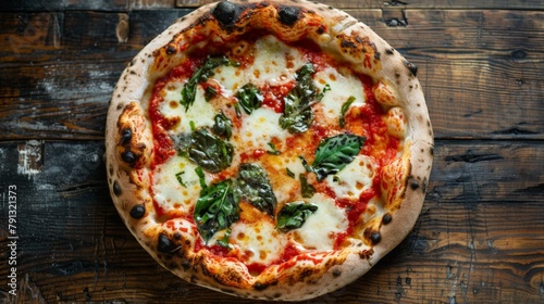 Pizza on wooden table with spoon