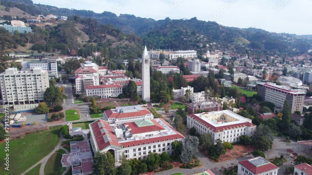 University of California Berkeley. Aerial View of Campus Buildings and Campanile Tower, Drone Shot University of California Berkeley. Aerial View of Campus Buildings and Campanile Tower, Drone Shot
