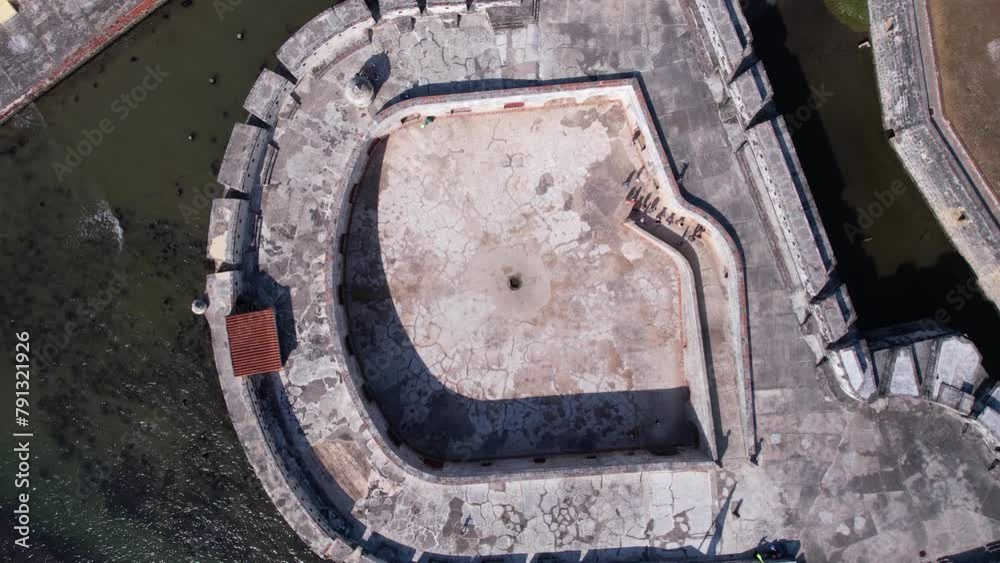 Top Down Aerial View, San Fernando Castle on Bocachica Island, Old Colonial Defence of Cartagena, Colombia Top Down Aerial View, San Fernando Castle on Bocachica Island, Old Colonial Defence of Cartagena, Colombia