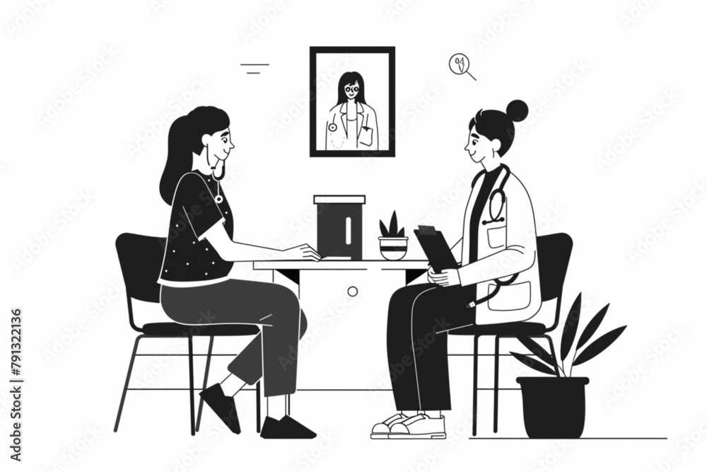 Woman at a doctors appointment in a medical office. Doctor and patient, scheduled health check 3D avatars set vector icon, white background, black colour icon