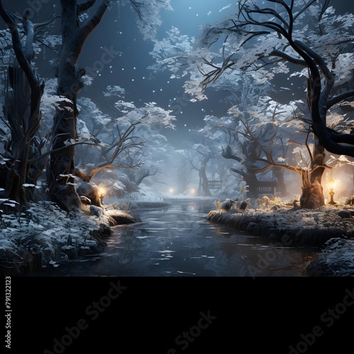 Winter landscape with snow covered trees and river at night. 3d rendering