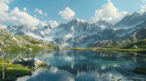 A tranquil alpine lake nestled amidst towering peaks, its pristine waters reflecting the azure sky above and the rugged beauty of the surrounding landscape, offering a serene sanctuary for hikers 