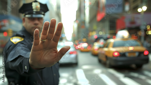 a policeman directing traffic, with the camera zooming in on his outstretched hand signaling 'stop'. The hand, sharply detailed against a softly blurred backdrop of a US city