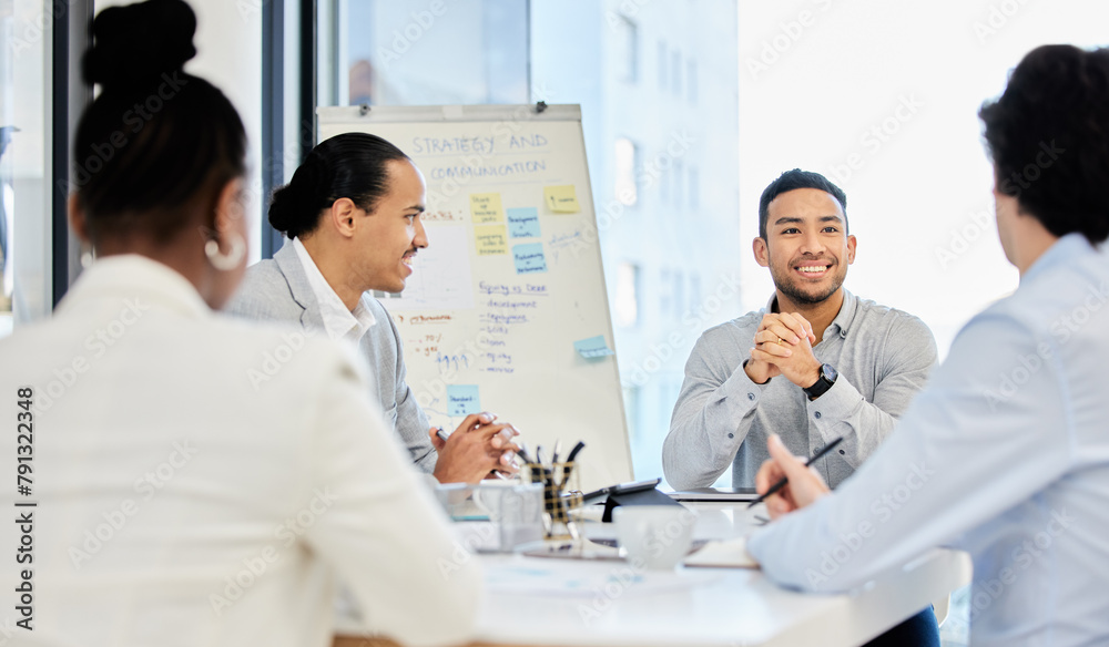 Fototapeta premium Asian man, business and charts presentation with teamwork or graphs statistics, growth or economy. Male person, colleagues and financial planning for company strategy with data, results or clients