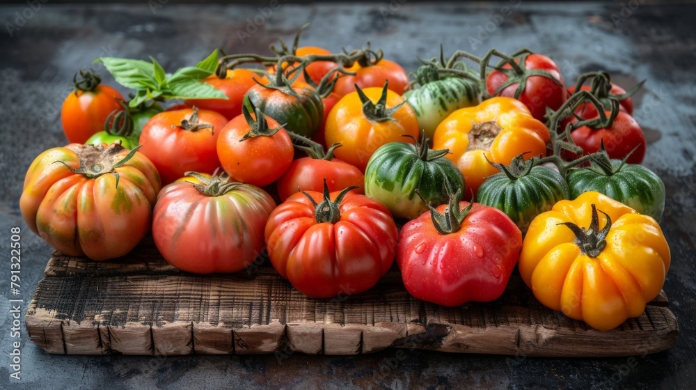 Many different colored tomatoes wooden board