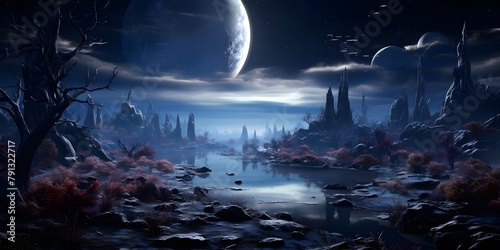Fantasy landscape with river, moon and mountains. 3d illustration