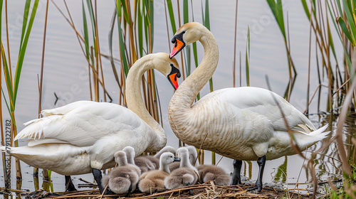 Two adult swans tenderly caring for their fluffy cygnets, nestled safely among the reeds on the shore of a serene pond.