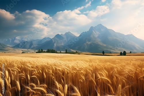 a field of wheat with mountains in the background Pro Photo
