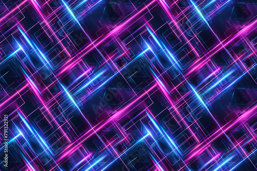 A colorful, neon-lit background with purple and blue lines