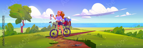 Woman tourist on bicycle taking photo with camera during eco travel on shore of sea or ocean. Cartoon summer vector landscape with girl riding bike on seaside. Happy active female character.