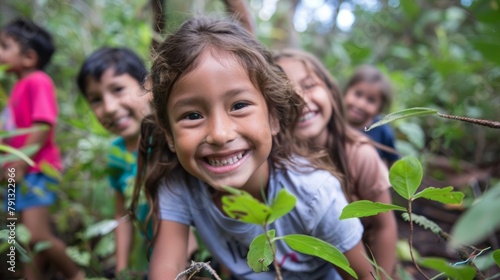 Portrait of Children actively participate in a forest conservation effort, Capture the excitement for wildlife habitat restoration project, Environment protection, Save word Save life