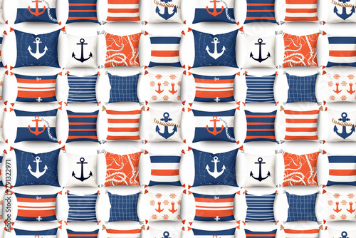 A collection of pillows with a blue, white, and orange anchor design © BetterPhoto