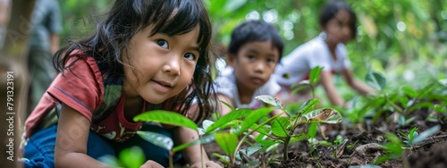 Portrait of Children actively participate in a forest conservation effort, Capture the excitement for wildlife habitat restoration project, Environment protection, Save word Save life