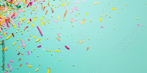 Colorful confetti and candy on a teal background with copy space.