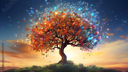 Tree with colorful flowers and birdsdigital painting illustration with blurred background  © Safia