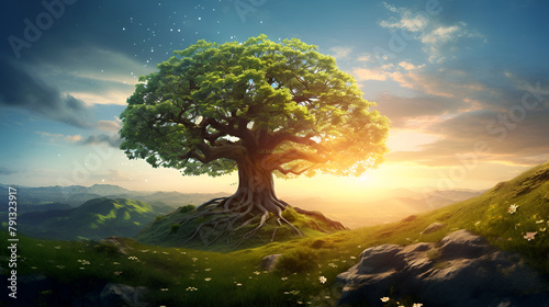 Big Tree in undiscovered paradise with sunlight effect tree of life Nature Spiritual with blue sky background
 photo