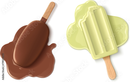 Melted ice cream set isolated on white background. Vector realistic illustration of chocolate and vanilla dessert on wooden stick, sweet sticky puddle, restaurant menu or food shop design elements © klyaksun