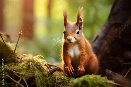 Adorable red squirrel explores lush forest showcasing its fluffy tail For Social Media Post Size  © Phatto