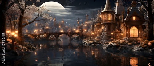Fantasy castle on the bank of the river in the night.