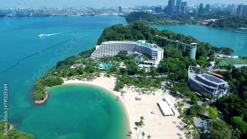 Aerial drone landscape view of Siloso beach resort hotel ocean island bay attraction landmark of Singapore city travel tourism Keppel harbour Asia photo