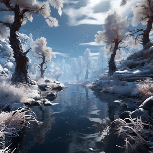Fantasy winter landscape with frozen river and trees. 3d illustration