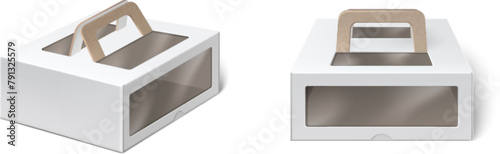 White box with handle and window package mockup. 3d blank carton design for business merchandise and presentation in web. Take away meal container to carry. Isolated food pack for advertising