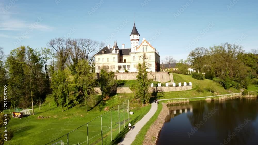 Flying Towards Old Renaissance Castle Radun Near Opava Town In The Czech Republic. Aerial Drone Shot