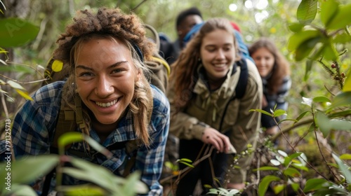 Portrait of young teamwork actively participate in a forest conservation effort, Capture the excitement for nature restoration project, Environment protection