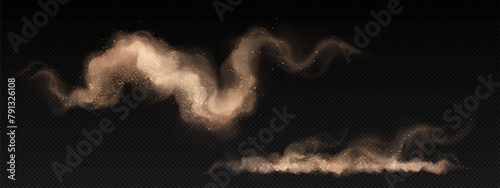 Smoke cloud with sand and soil particles. Realistic 3d vector illustration of desert sandstorm wind effect on transparent background. Car speed smog or mist pollution. Brown dirty powder texture.