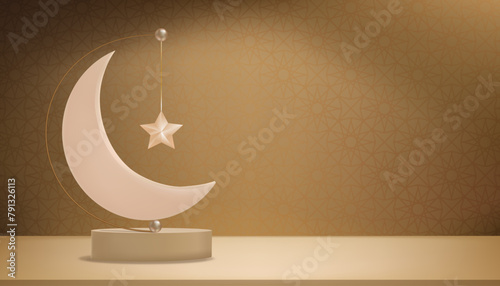 Eid al Adha Mubarak greeting design with Crescent Moon and Star hanging on 3D podium on golden background.Vector Backdrop of Religion of Muslim Symbolic for Eid al fitr, Ramadan Kareem