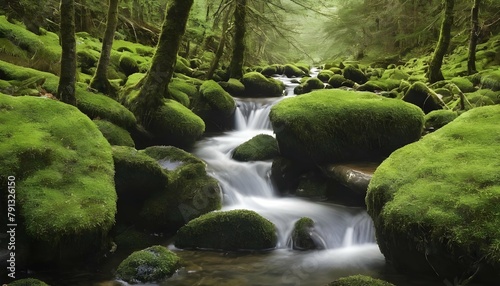 A mountain stream tumbling over moss covered rocks upscaled 3