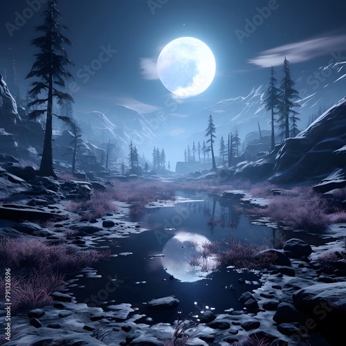 Fantasy landscape with forest lake and moon. 3D illustration.