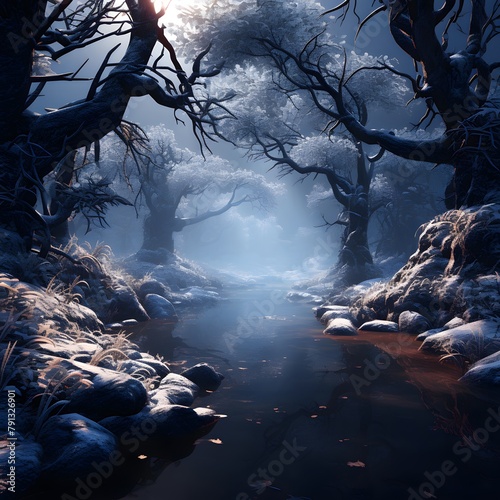 Foggy winter forest - 3d render, computer generated image