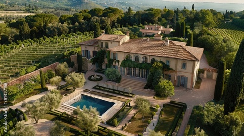 A timeless European estate surrounded by vineyards and olive groves, featuring classical architecture and manicured gardens that transport  © Khalif