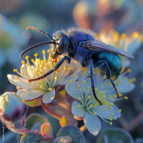 A purple wasp on a flower. Beautiful flower.
