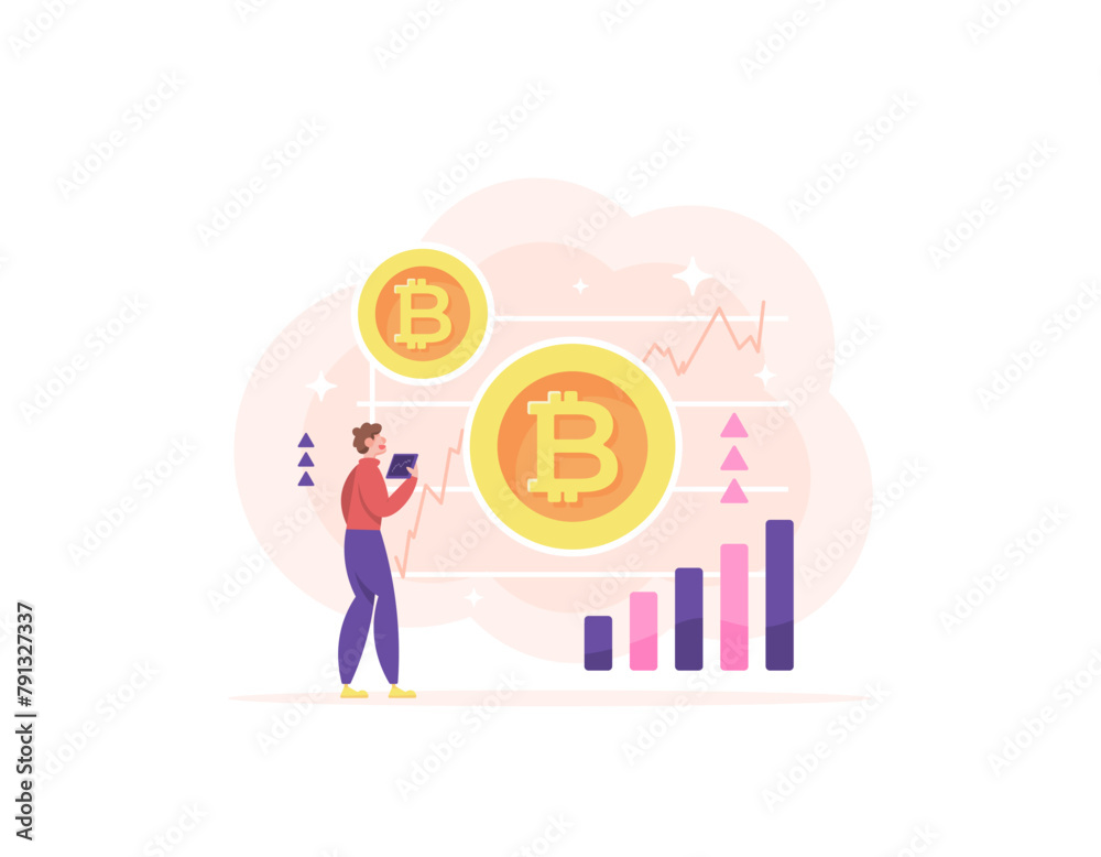Bitcoin value continues to increase. a male trader is happy because the value of bitcoin is increasing. bitcoin investment and crypto trading. crypto currency. illustration concept design. graphic