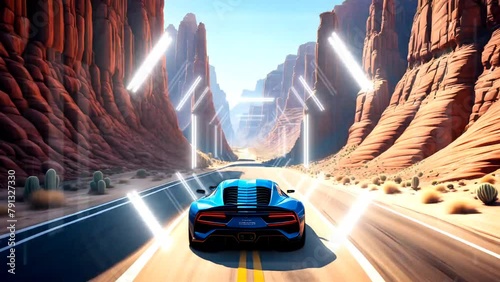 Sports car on street in the desert. Seamless looping time-lapse 4k video animation background