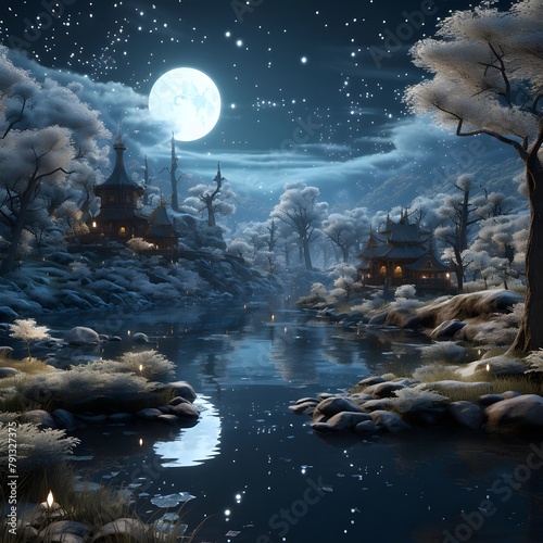 Fantasy landscape with river and old castle on the background of the moon. 3d illustration