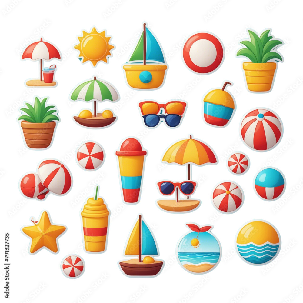 Set of cute vector summer stickers on Isolated transparent background png. generated with AI Set of cute vector summer stickers on Isolated transparent background png. generated with AI