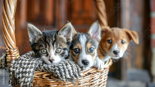 Three adorable puppies of various breeds sit together in a cozy basket  looking out with curiosity and innocence