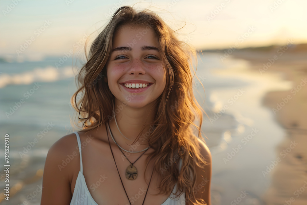 A smiling young woman standing on the beach, enjoying the sunny day. A smiling young woman standing on the beach, enjoying the sunny day.