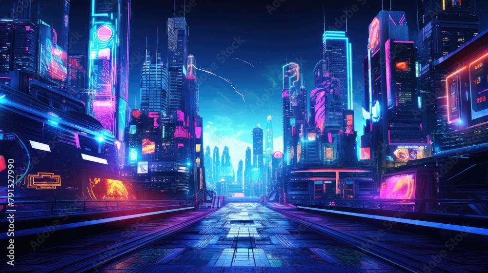 Fototapeta premium A cyberpunk-inspired cityscape at night, illuminated by neon signs and lights, with futuristic cars traversing the vividly colored streets. Resplendent.