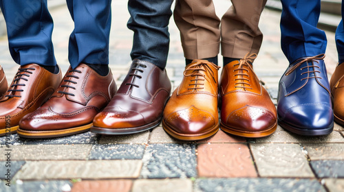 A row of stylish mens business shoes, meticulously lined up in perfect formation