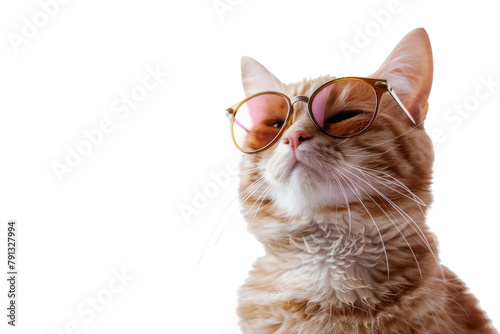 Happy smile kitty Cat wear sunglasses with summer season costume isolated on background, pets summer, lovely cat, holiday vacation.