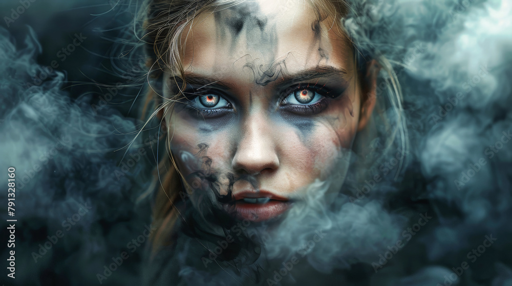 Woman With Blue Eyes Surrounded by Smoke